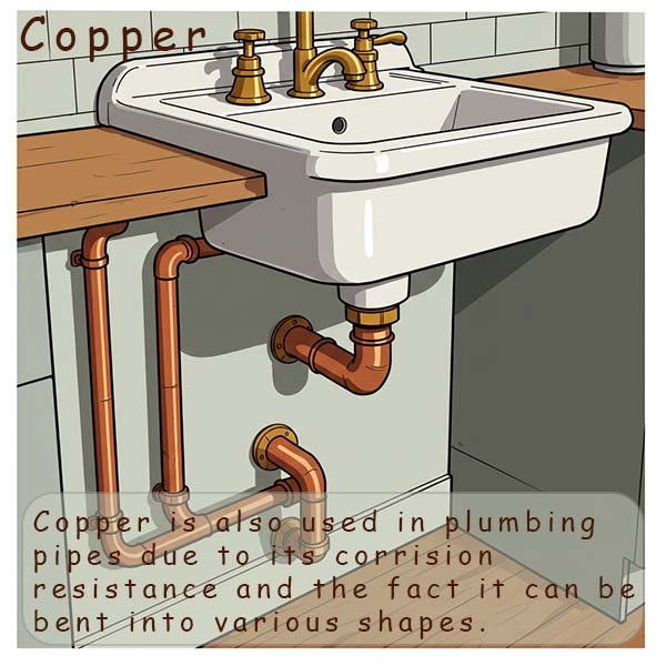Water pipes are made of copper since it is a corrosion resistant metal and is bendable.
